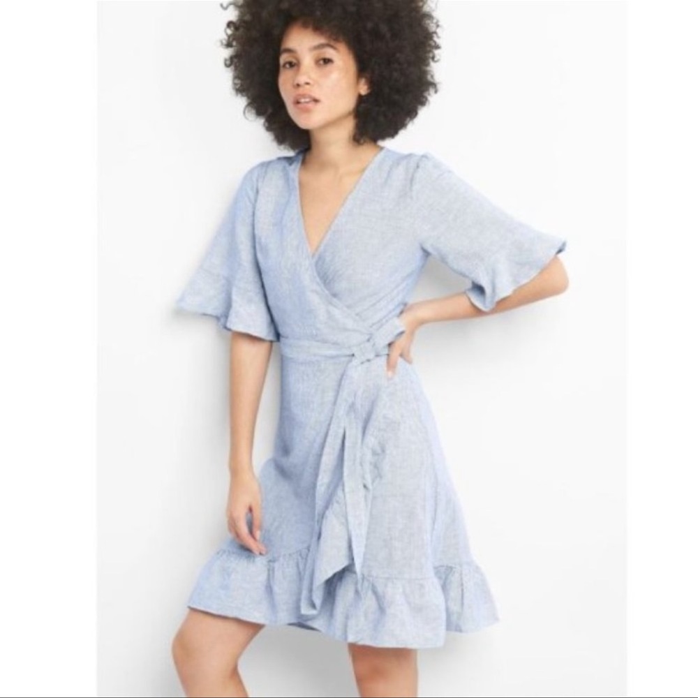 Gap Linen Ruffle Wrap Dress - Blue Stripe - Picture 6 of 6